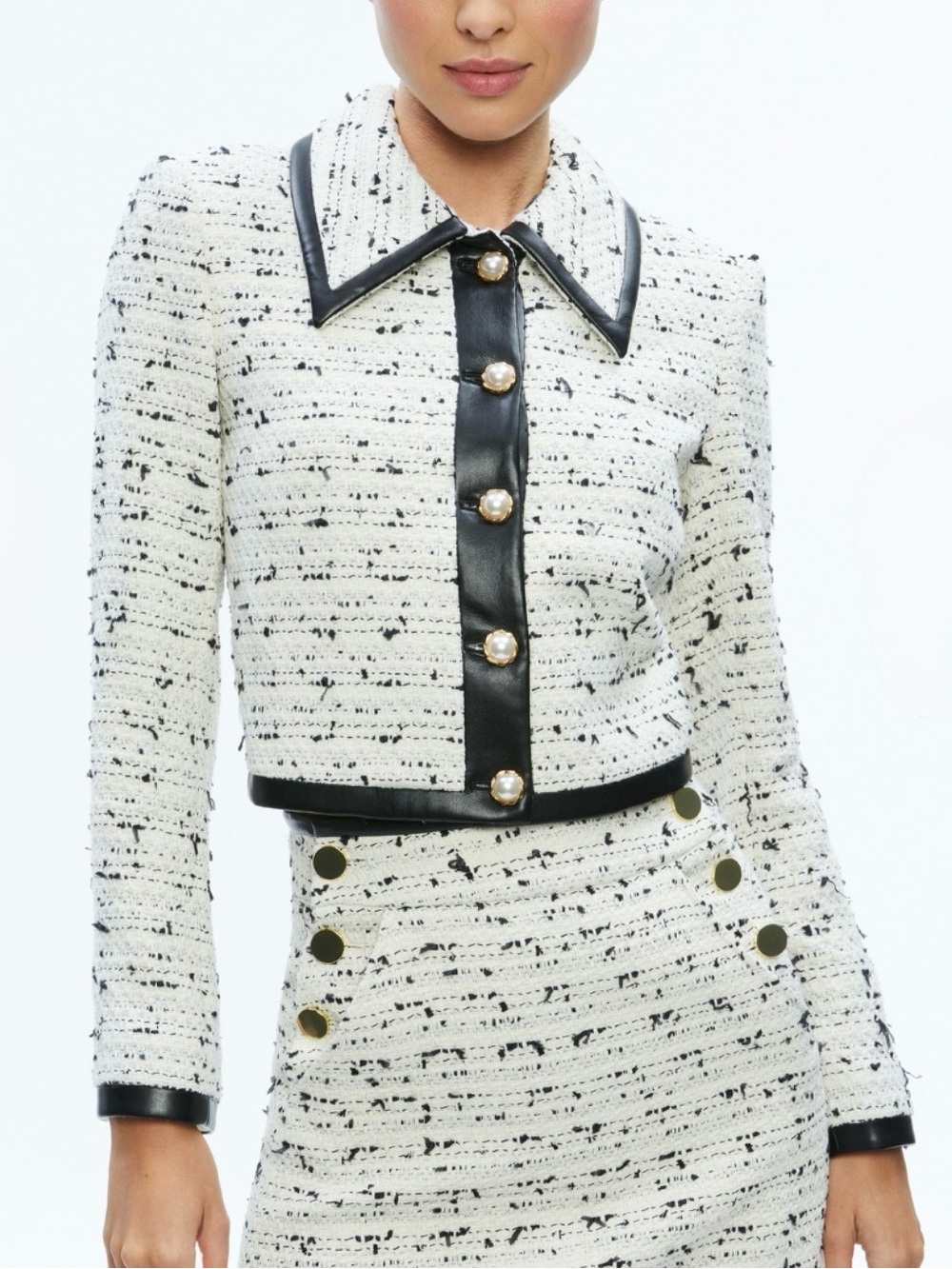 Alice + Olivia RENAE Cropped Tweed Vegan Leather Trim Jacket Pearl Buttons Large